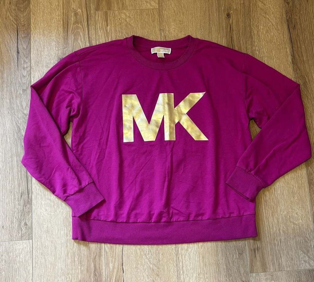 Michael Kors MK Gold Foil Logo Crewneck Sweatshirt Magenta Pink Size L